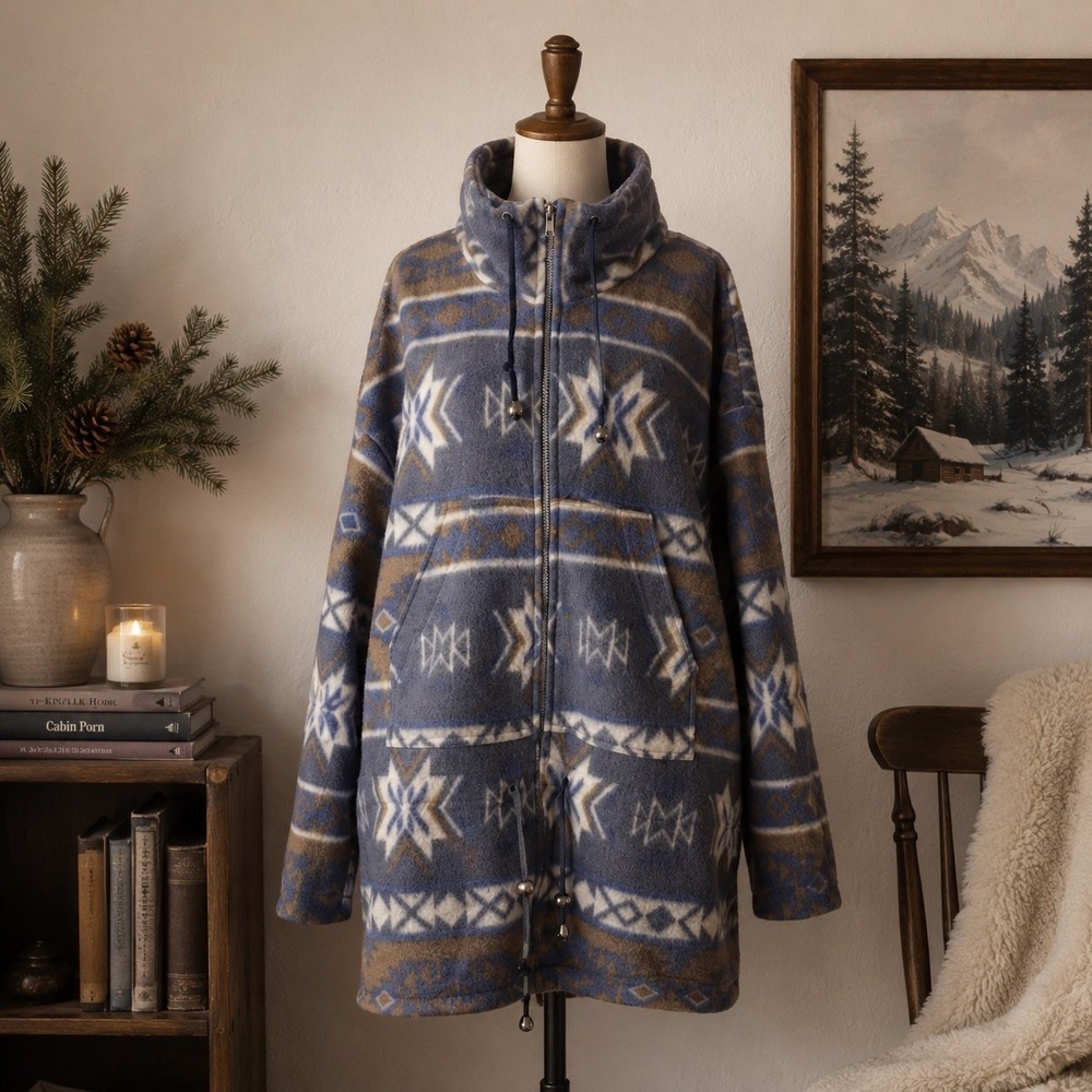 Vintage Southwestern Geometric Fleece Full Zip Jacket Blue Brown 22W Cozy Rustic - Picture 1 of 11